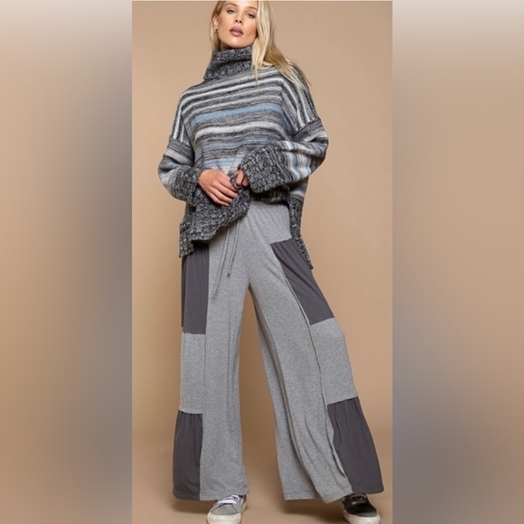 POL Gray Ribbed Knit Contrast Flowy Pants Relaxed Fit Multiple Colors Available - Picture 3 of 7